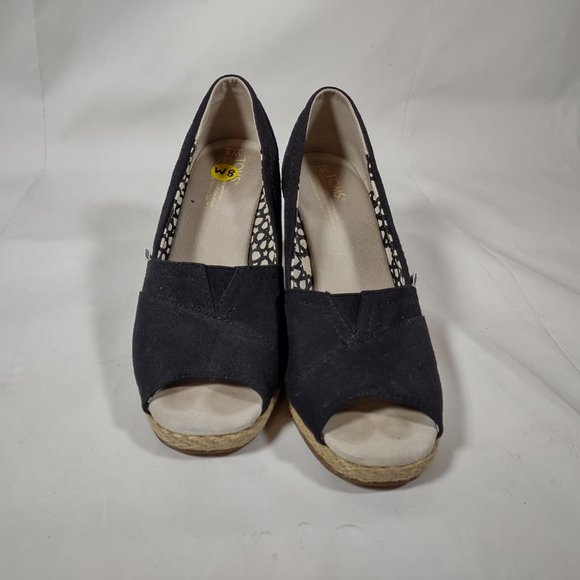Toms Black Espadrille Wedge Heels Shoes Women's Size 8 Slip On Peep Toe - Picture 4 of 8